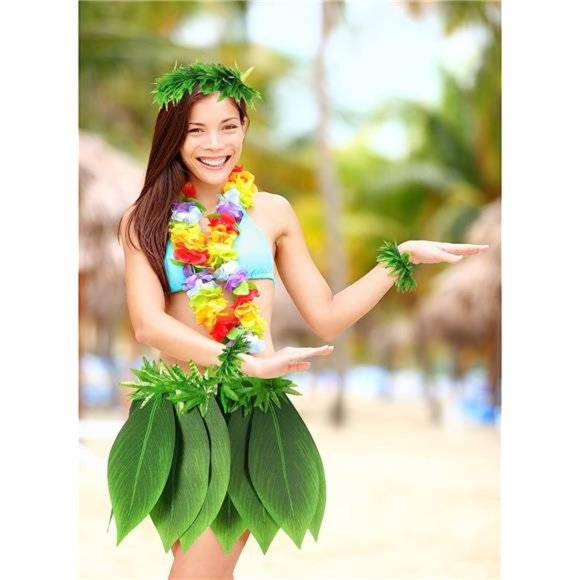 Hawaiian Leaf Hula Skirt and Leis Set Include Tropical Fern Leaf Headband - Picture 7 of 7